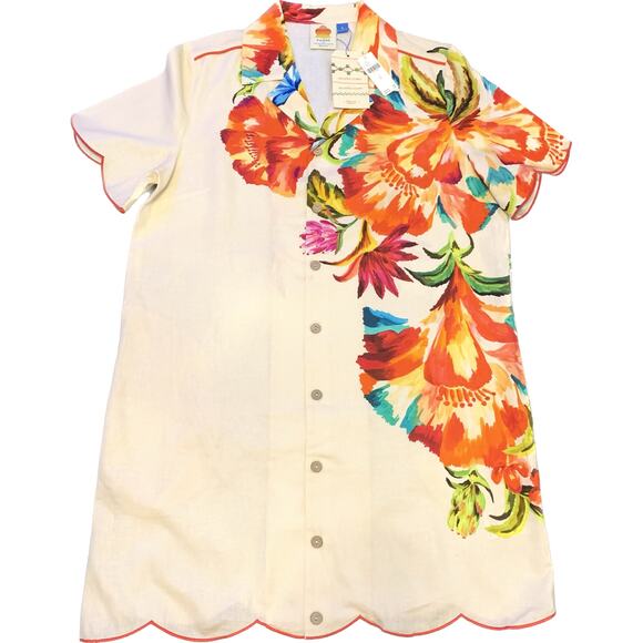 XL-Farm Rio Anthropologie Womens Shirt Dress XL Linen Blend Floral Button Front - Picture 14 of 15